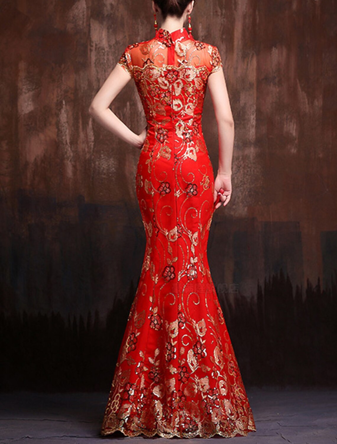 Mermaid / Trumpet Evening Gown Vintage Dress Wedding Guest Formal Evening Floor Length Short Sleeve High Neck Satin with Sequin Embroidery